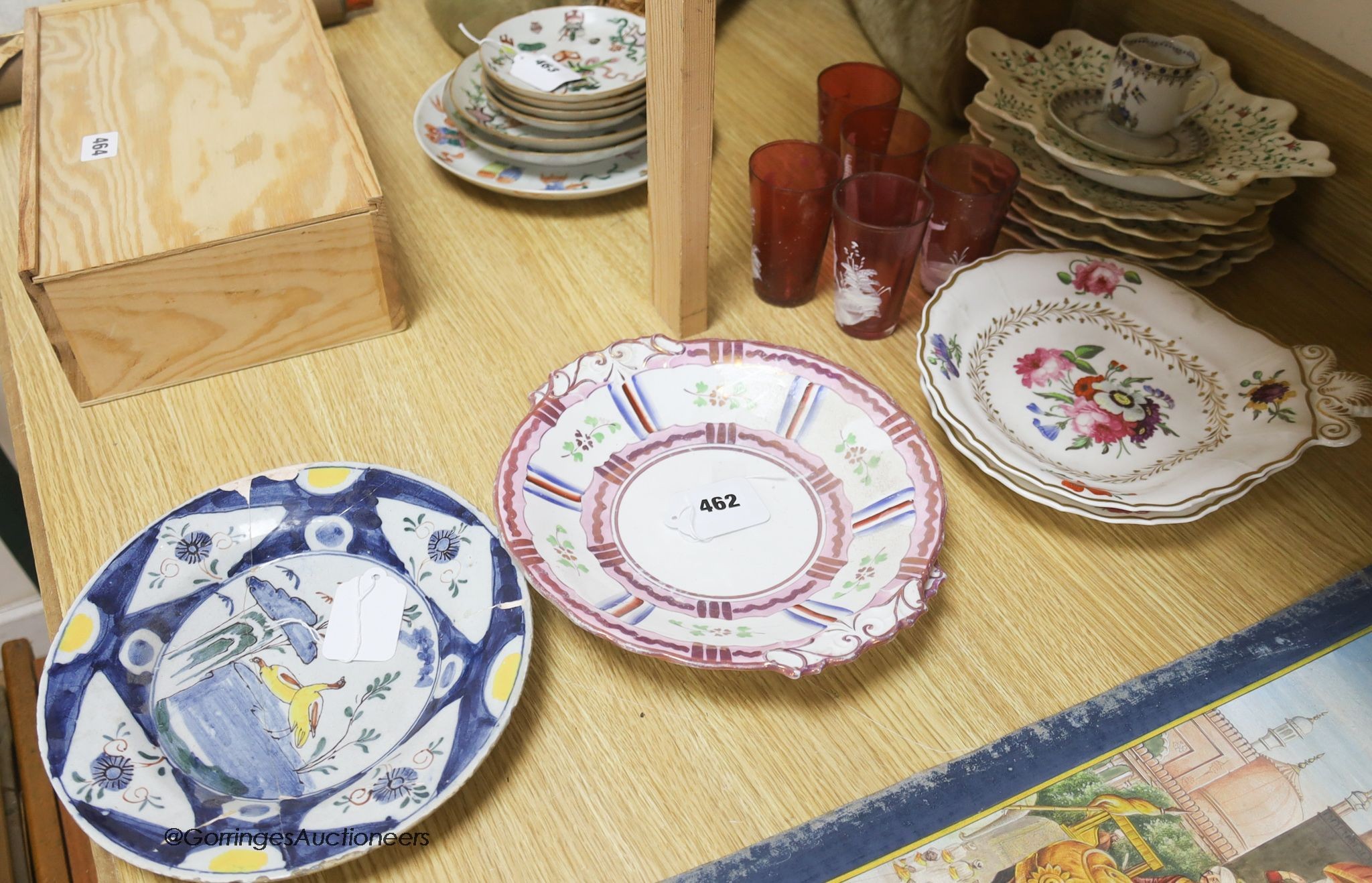 A Delft polychrome plate, two Coalport dishes, a dessert set, two lustre dishes and five cranberry glasses
